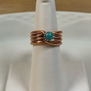 Navajo Handmade By Yolanda Skeets Coiled Copper and Turquoise Ring Size 6